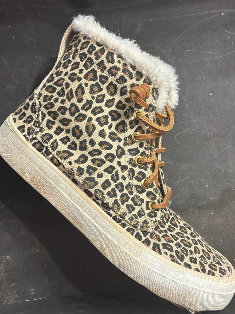 Sperry Leopard-Print High Top Sneakers with Faux Fur Collar - Tan/Black